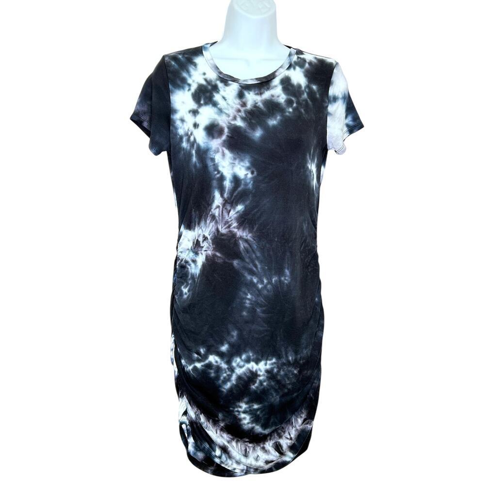 Antistar Bodycon Stretch Black White Tie Dye T-Shirt Dress Ruched Sides Medium